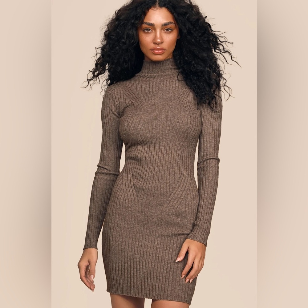 Lulus Ribbed Mock Neck Sweater Dress - Picture 2 of 6